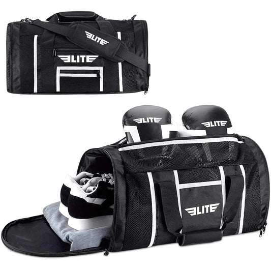 Elite Combat Sports Duffle Bag - Black sports duffel with logo and spacious storage for training gear and accessories.
