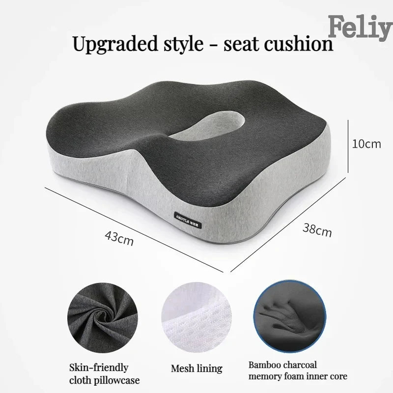 Ergonomic memory foam seat cushion for office chair or car, designed to provide lumbar and coccyx support. Features a skin-friendly cloth cover, mesh lining, and a bamboo charcoal memory foam inner core for comfort and breathability.