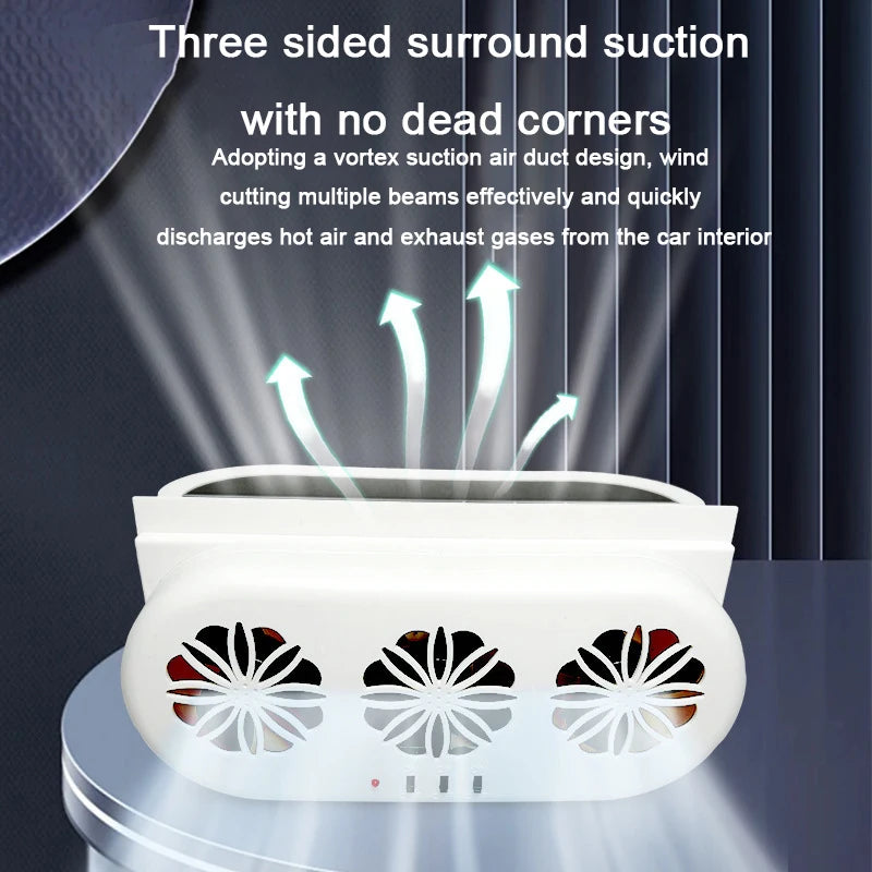 Efficient car ventilation fan: 3-sided surround suction design with vortex air duct to quickly discharge hot air and exhaust gases from the car interior.
