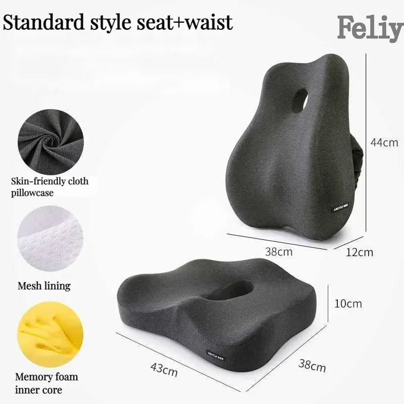 Memory Foam Office Chair Cushion and Waist Support Pillow
This image shows a black memory foam cushion designed for office chairs, cars, and other seating. The cushion features a contoured shape and a mesh lining for comfort and support. The product dimensions are provided, including a width of 38cm, depth of 43cm, and height of 10cm.