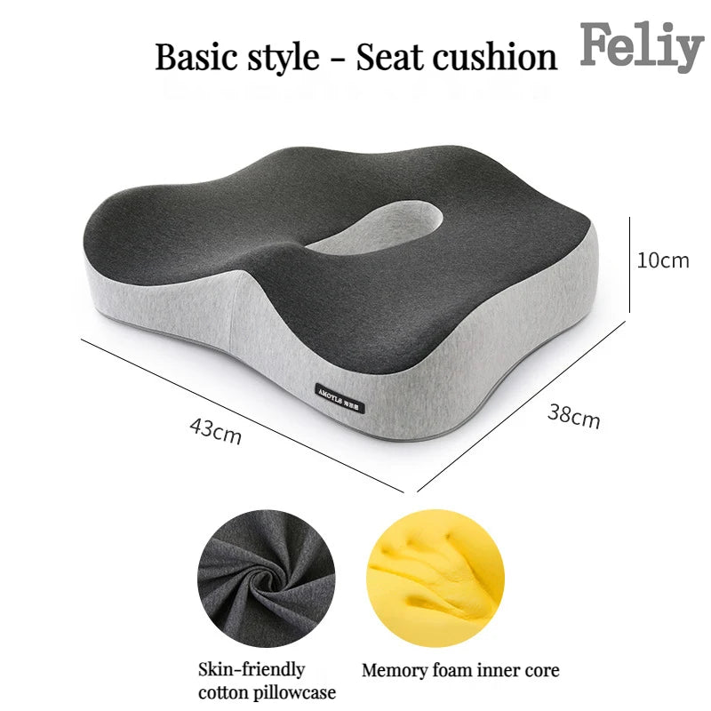 Ergonomic gray and black office chair cushion with memory foam inner core and skin-friendly cotton pillowcase. The product measures 43cm x 38cm x 10cm and is suitable for office chairs, car seats, and other seating applications to provide lumbar and coccyx support.