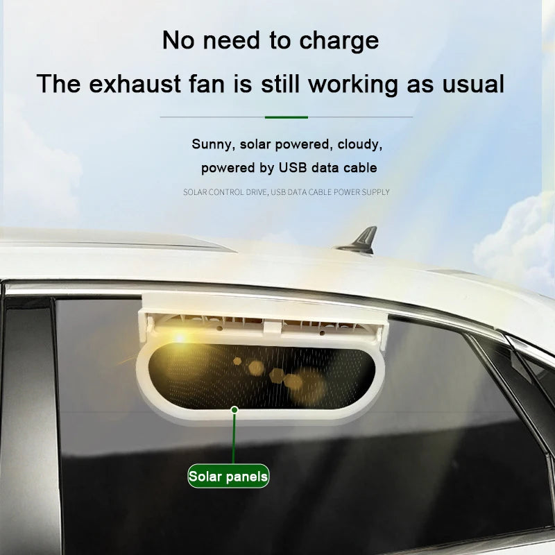 Solar-powered car ventilation fan with USB data cable for power supply