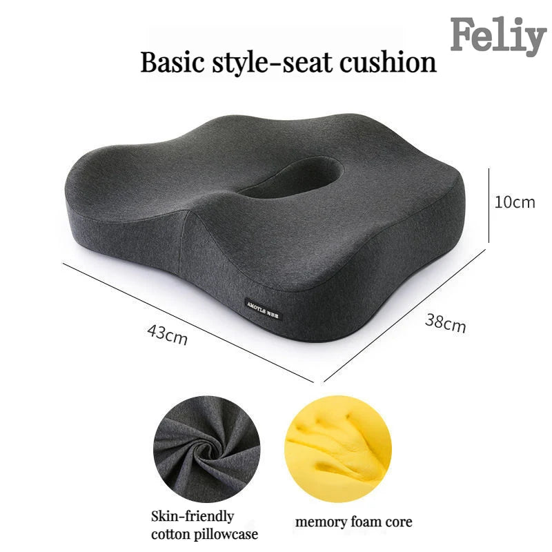 Ergonomic memory foam seat cushion with cotton pillowcase for comfortable office chair or car support. Designed to relieve back pain and improve posture.