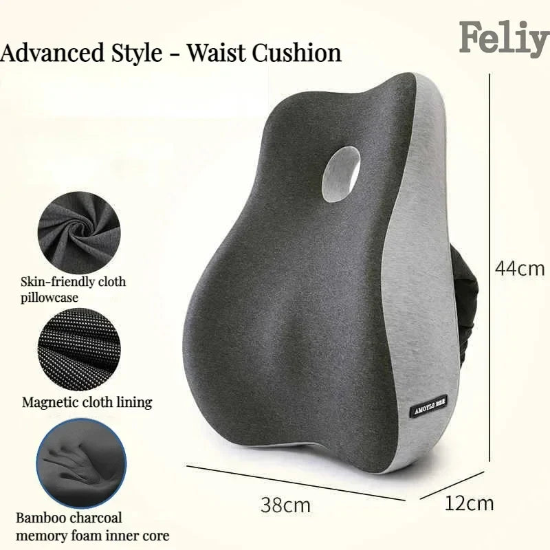 Ergonomic memory foam office chair cushion with lumbar support and magnetic cloth lining for improved posture and comfort.