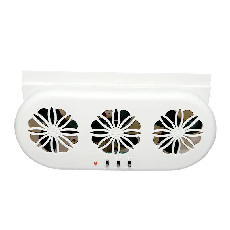 Solar Powered Car Mounted Ventilation Fan - White vehicle-mounted thermostat exhaust fan with USB port for air circulation and smoke removal