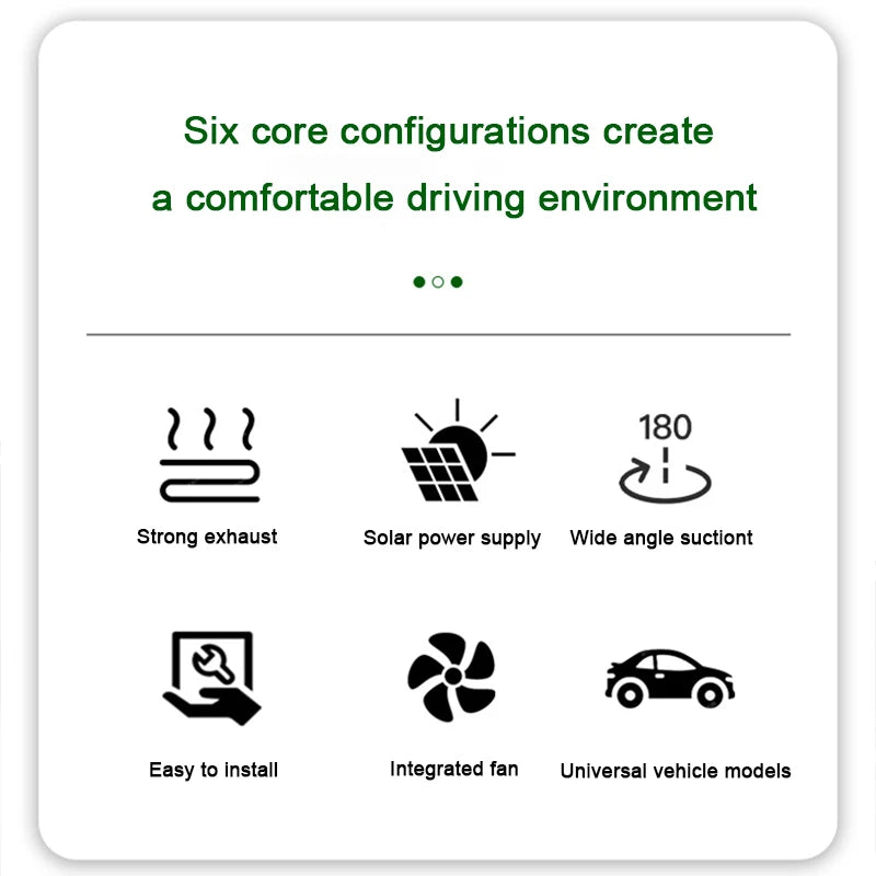 Solar-powered car ventilation fan with strong exhaust, wide angle suction, easy installation, integrated fan, and compatibility with universal vehicle models to create a comfortable driving environment.