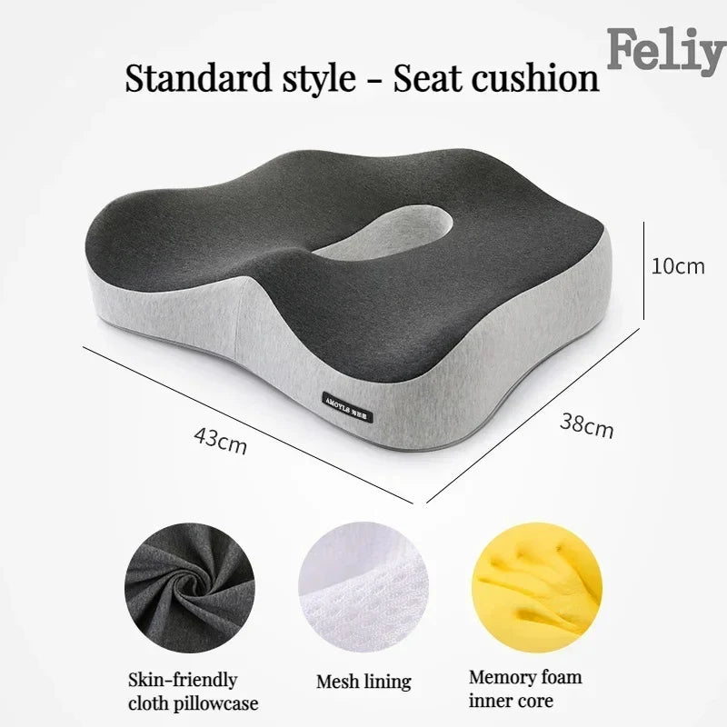 Ergonomic memory foam office chair cushion with mesh lining and skin-friendly cloth pillowcase for back support and lumbar relief.