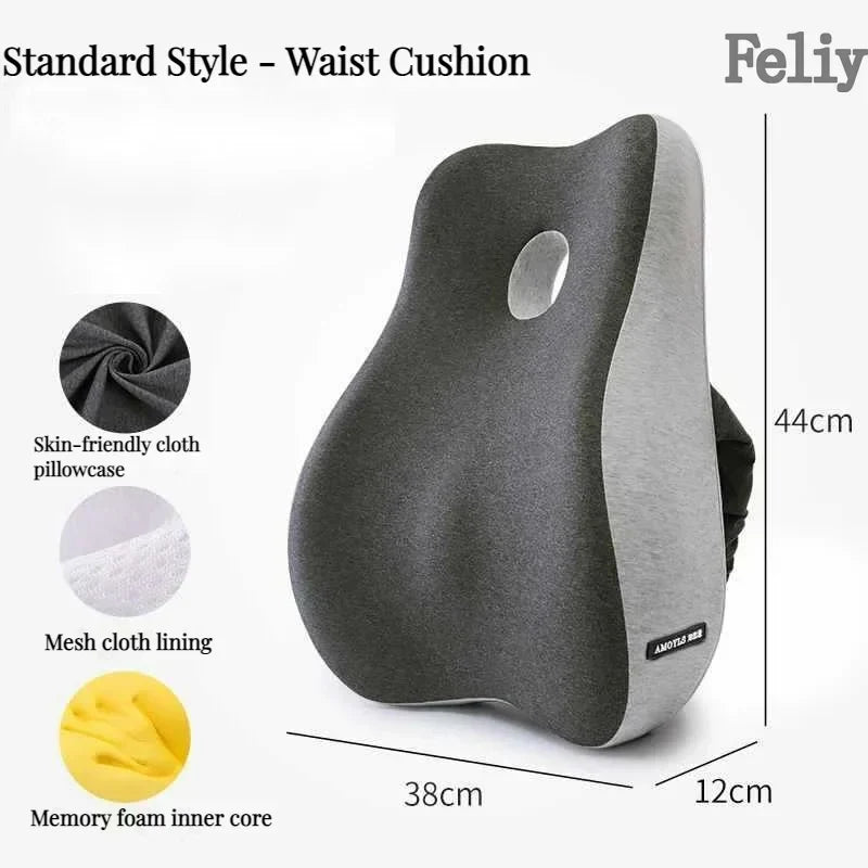 Ergonomic memory foam lumbar support cushion for office chair, car seat, and home use with breathable mesh cloth lining, designed for lower back comfort and posture correction.