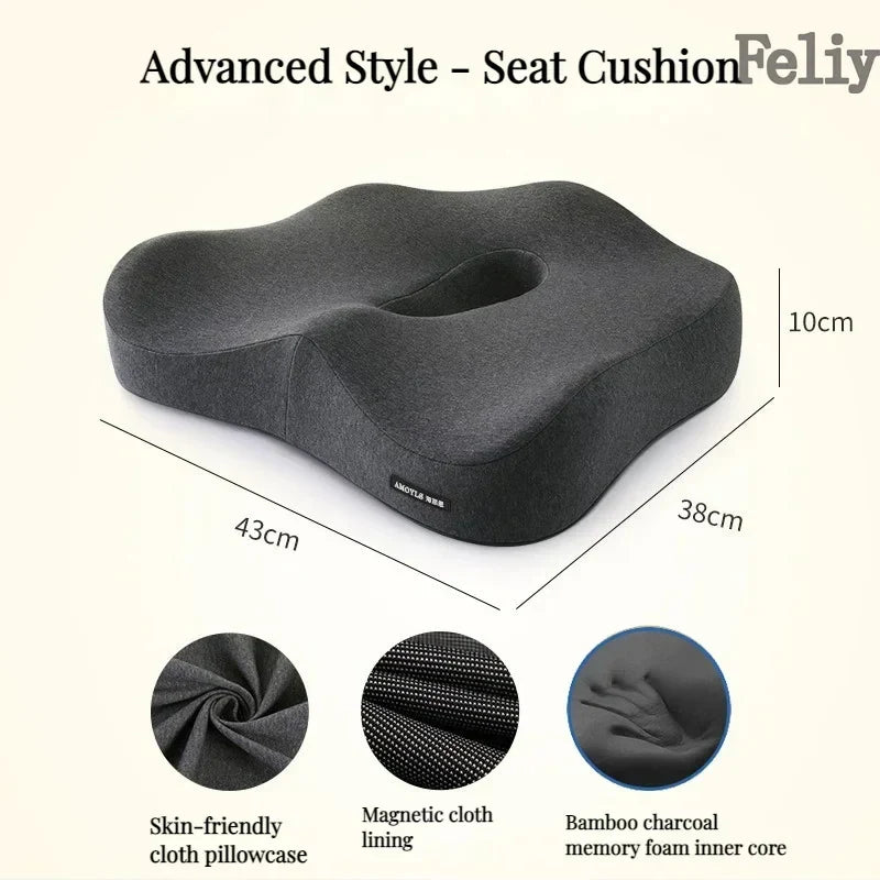 Comfortable memory foam office chair cushion with bamboo charcoal inner core, magnetic cloth lining, and skin-friendly cloth pillowcase
