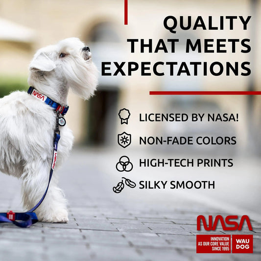 Adjustable nylon dog collar with NASA-licensed QR ID tag, featuring non-fade colors and high-tech prints for a silky smooth finish.