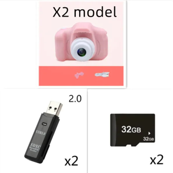 Compact pink kids camera with USB adapter and 32GB memory cards