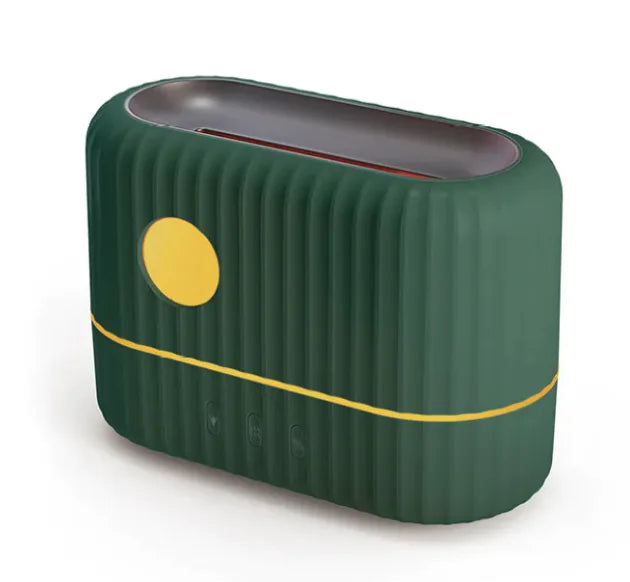 Compact green desktop humidifier with yellow accent details, designed for use in a home office or workspace.