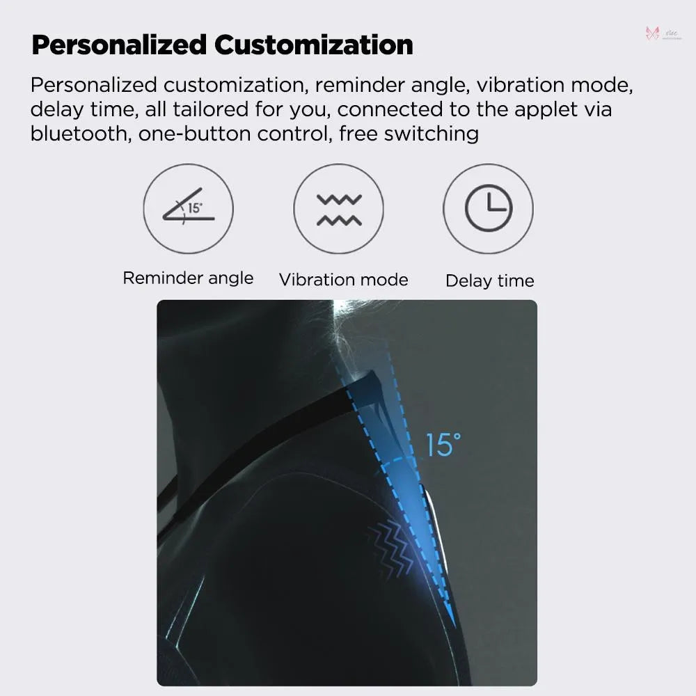 Smart Posture Corrector with customizable reminder angle, vibration mode, and delay time features