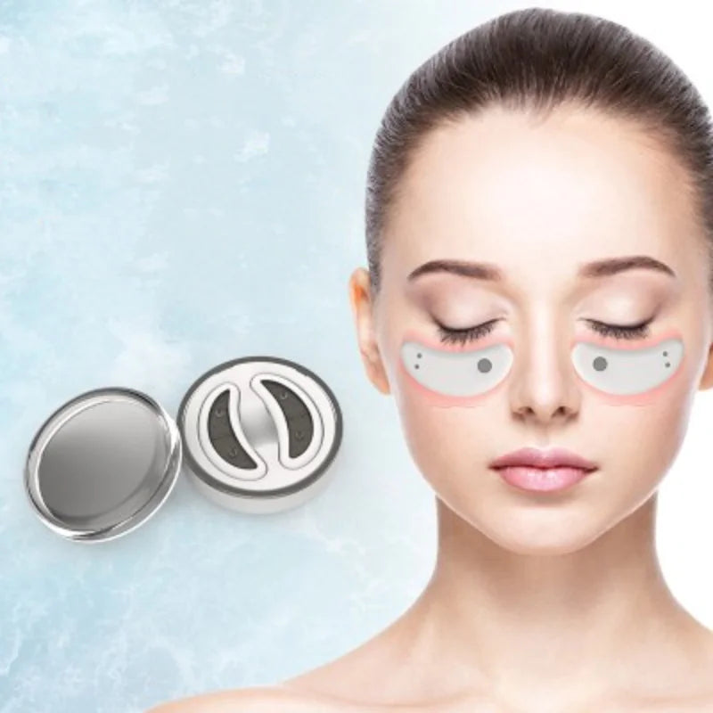 Soothing eye care device for relaxing home treatment, featuring an attractive woman using naiveniche's Eye Beauty Hot Compress product against a light blue background.