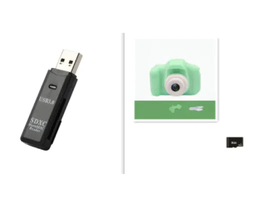 Compact kids' camera with USB plug, microSD card slot, and fun green monster design.