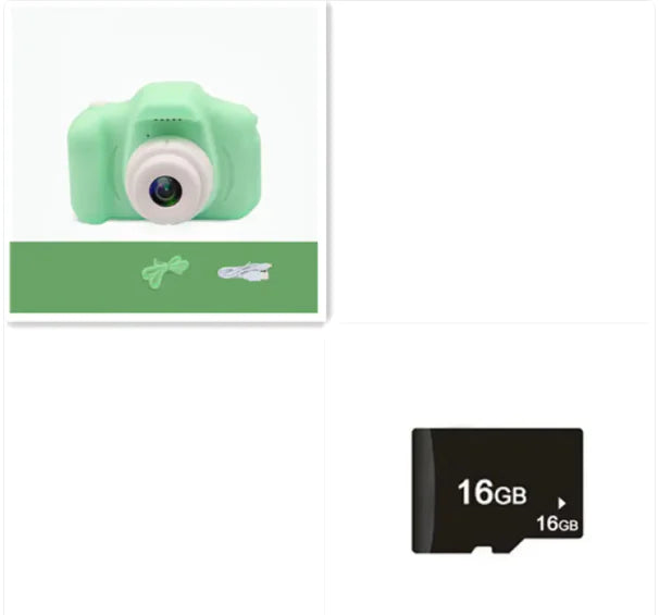 Compact, kid-friendly camera in vibrant green color with USB and memory card for easy photo capture and storage.