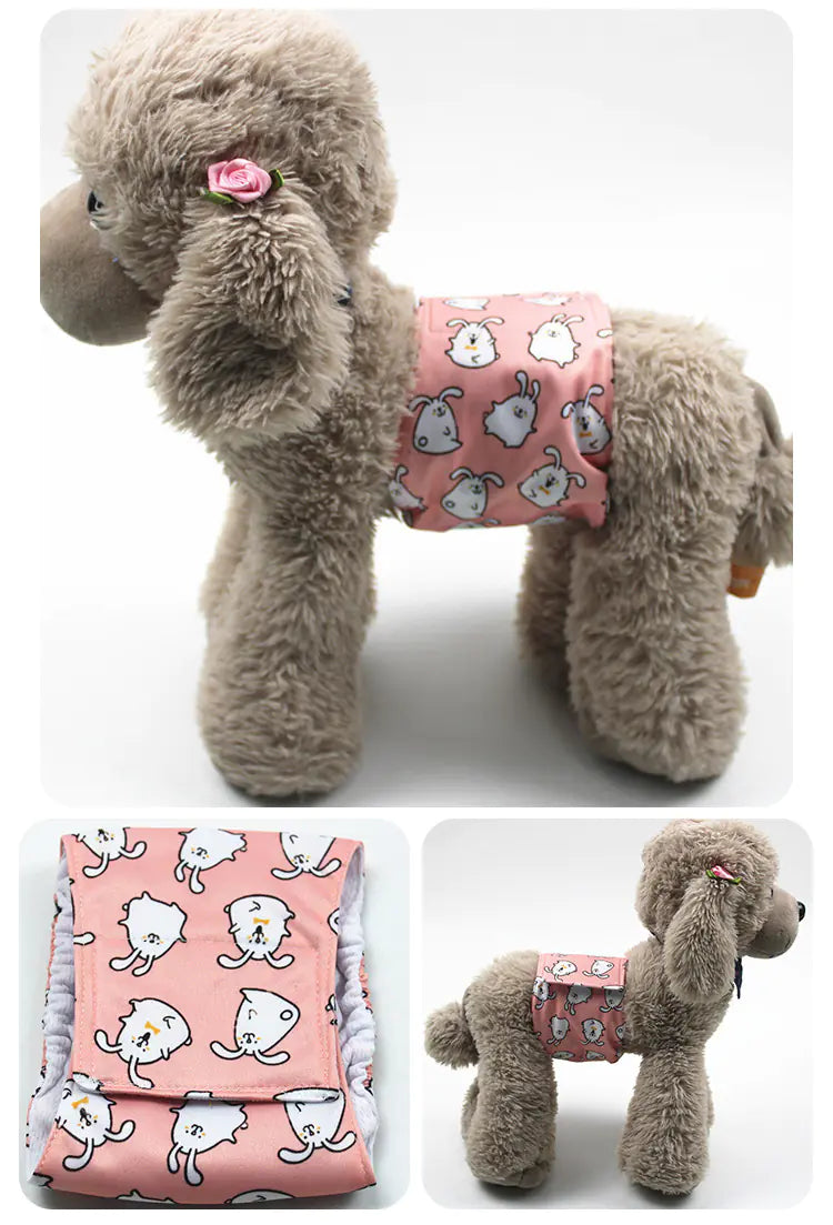 Cute plush dog wearing adorable patterned vest on white background