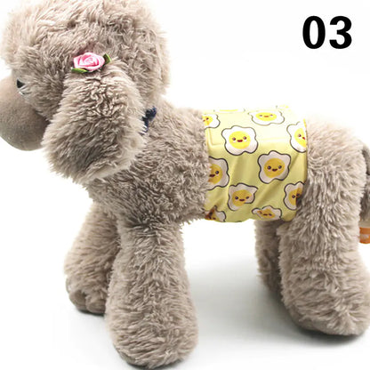 Soft and fluffy stuffed dog toy with a printed yellow pattern on its outfit, adding a cute and playful look.