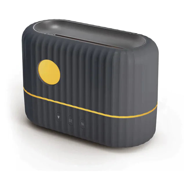 Home Office Desktop Humidifier by naiveniche. The image shows a sleek, black humidifier device with a yellow accent stripe and a round yellow indicator light. This compact desktop humidifier is designed for use in a home office or workspace to improve air quality and provide soothing moisture.