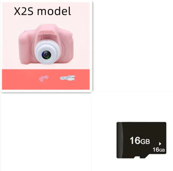 Compact kids camera with 16GB memory card, pink body, and large eye-shaped lens.