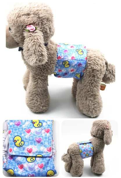 Plush gray dog with absorbent paw-print patterned diaper for pet care