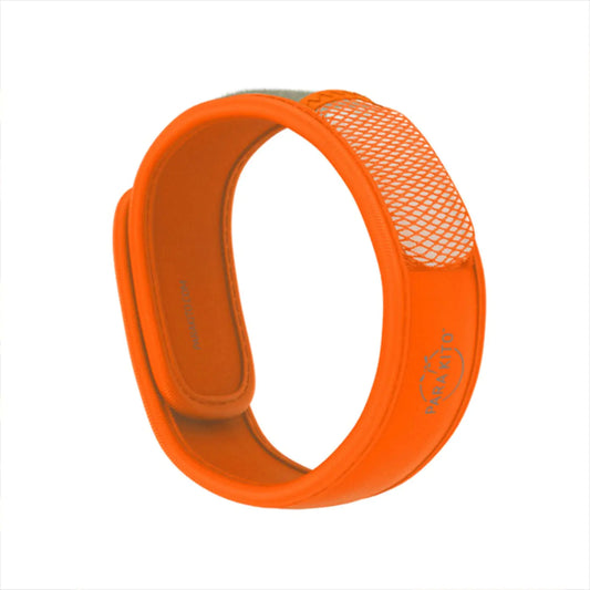 Orange mosquito repellent wristband with natural essential oils for outdoor activities like beach, camping, and hiking.