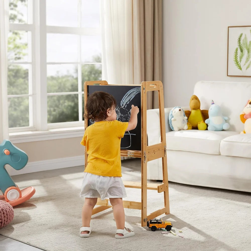 4-in-1 Standing Tower for Toddlers and Kids 1-6 Years, Bamboo Kitchen Learning Helper Stool with Chalkboard, Desk Table, - naiveniche