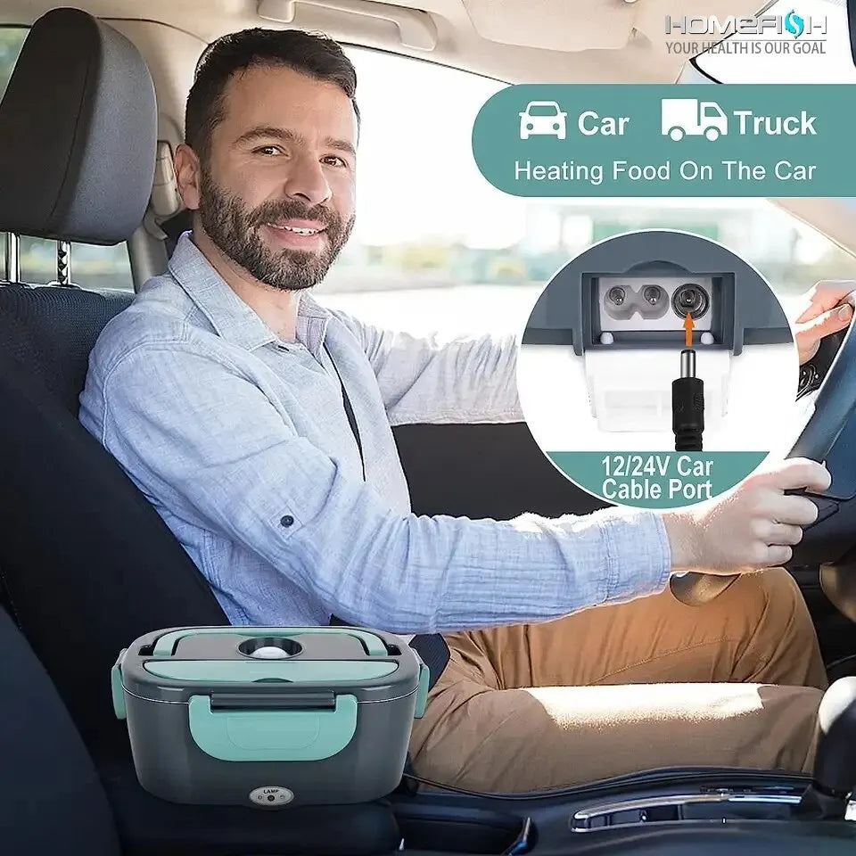 Portable and practical 1.5L electric lunch box for heating food on the go, with a durable 304 stainless steel liner and car/home power options.