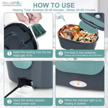 Compact electric lunch box food warmer with stainless steel liner, portable design for car or home use, instructions for heating and operation provided