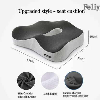 Ergonomic memory foam seat cushion for office chair or car, designed to provide lumbar and coccyx support. Features a skin-friendly cloth cover, mesh lining, and a bamboo charcoal memory foam inner core for comfort and breathability.