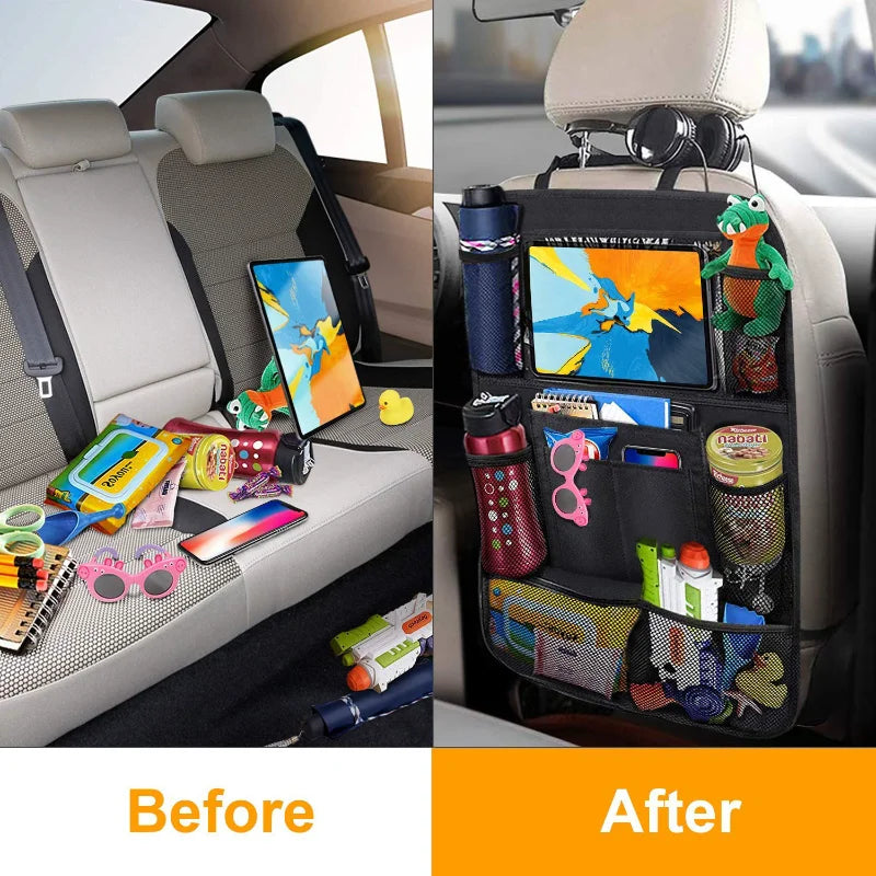 Car backseat organizer with touch screen tablet holder, auto storage pockets, and car seat back protectors. Multi-compartment car accessories for organized storage.