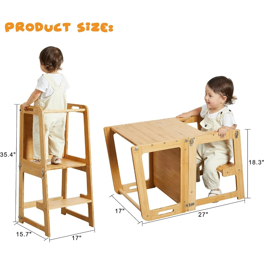 4-in-1 Standing Tower for Toddlers and Kids 1-6 Years, Bamboo Kitchen Learning Helper Stool with Chalkboard, Desk Table, - naiveniche