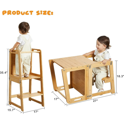 4-in-1 Standing Tower for Toddlers and Kids 1-6 Years, Bamboo Kitchen Learning Helper Stool with Chalkboard, Desk Table, - naiveniche