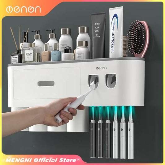 MENGNI-Magnetic Adsorption Inverted Toothbrush Holder Wall -Automatic Toothpaste Squeezer Storage Rack Bathroom Accessories - naiveniche