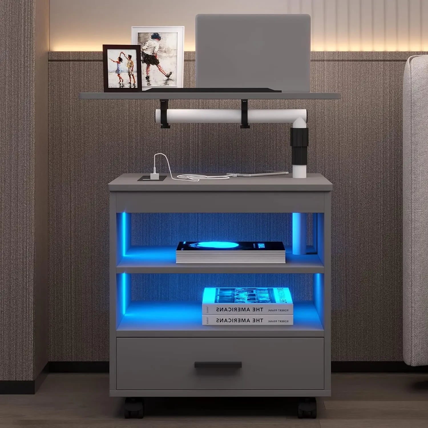Modern Bedside Table with Storage Compartments and Adjustable Laptop Tray