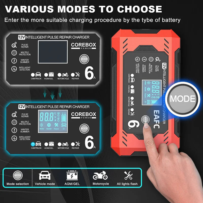 Versatile car and motorcycle battery charger with smart LCD display and various charging modes for lead-acid battery repair and maintenance.