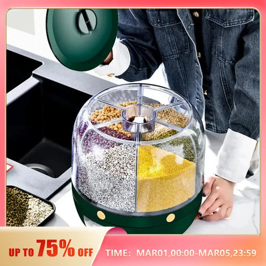 Kitchen Grain Storage Container Dispenser, 360 ° Rotation, One Click Output, 6-cell Storage, Suitable For, Beans, and Rice - naiveniche