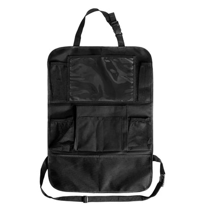 Spacious backseat organizer with touch screen tablet holder, auto storage pockets, and car seat back protectors - a versatile car accessory.