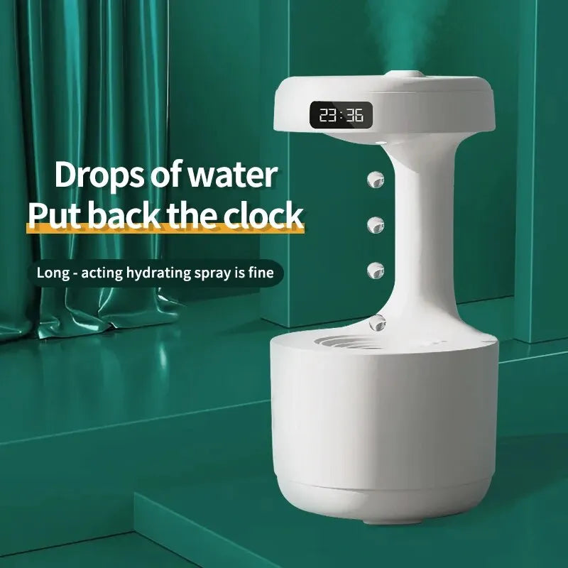Water droplet air humidifier with anti-gravity ultrasonic cool mist, LED night light, and digital time display