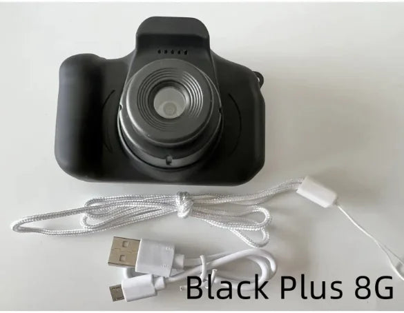 Compact Black Plus 8G Kids Camera with Attachable Strap and USB Charging Cable