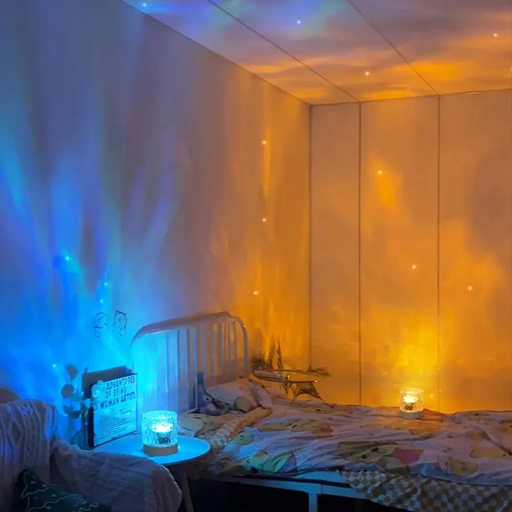Enchanting Multicolor Ripple Projection Lamp
Mesmerizing water ripple effect night light with vibrant RGB colors illuminating the cozy bedroom scene.