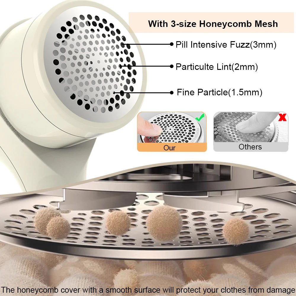 Lint Remover for Clothing: Compact Electric Fabric Shaver with 3-Size Honeycomb Mesh for Removing Fuzz and Pilling from Garments