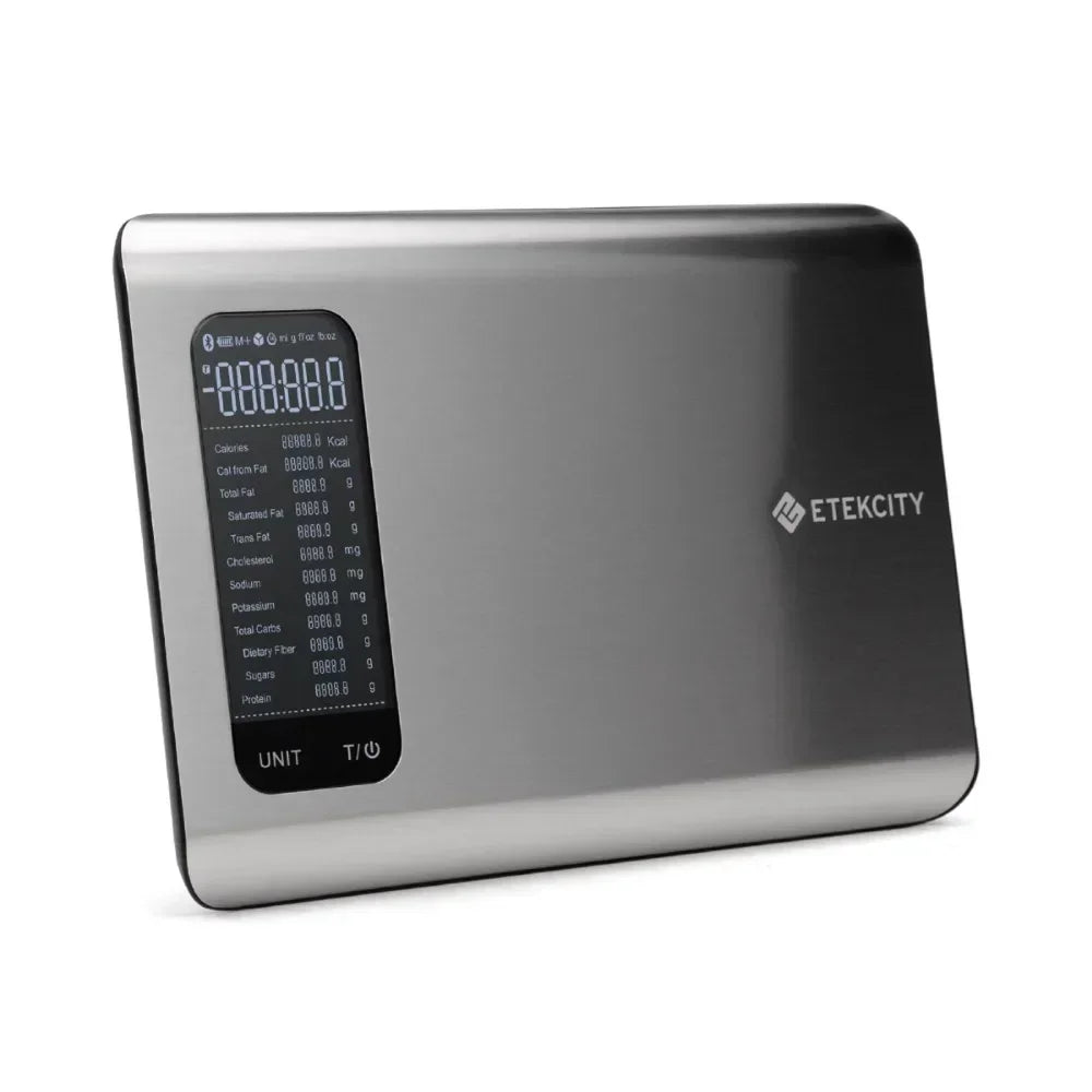 Sleek digital food scale in stainless steel, with large LCD display showing precise measurements in ounces, grams, or milliliters. Smart kitchen gadget by NaiveNiche brand.