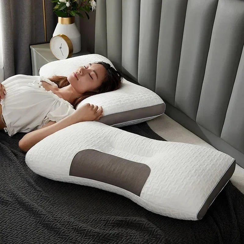 Contoured cervical neck pillow with soybean fiber for relaxing sleep and massage support