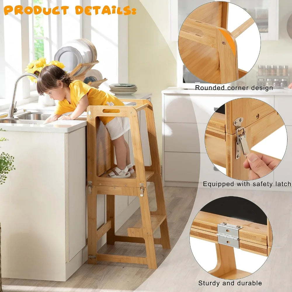 4-in-1 Standing Tower for Toddlers and Kids 1-6 Years, Bamboo Kitchen Learning Helper Stool with Chalkboard, Desk Table, - naiveniche