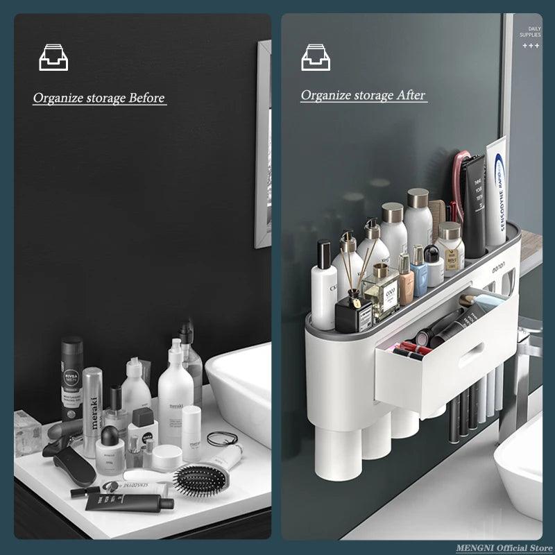 MENGNI-Magnetic Adsorption Inverted Toothbrush Holder Wall -Automatic Toothpaste Squeezer Storage Rack Bathroom Accessories - naiveniche