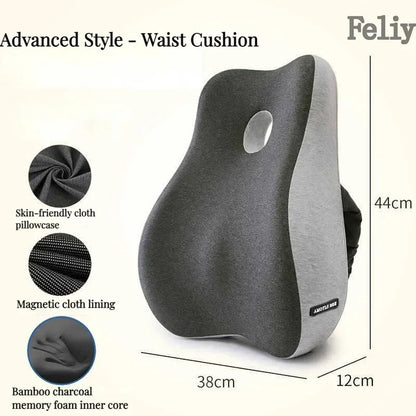 Ergonomic memory foam office chair cushion with lumbar support and magnetic cloth lining for improved posture and comfort.