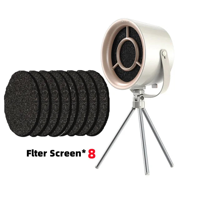 Compact Portable Exhaust Fan: Sleek Kitchen Hood Extractor with Barbecue-Ready USB Power and Adjustable Tripod Stand, Includes 8 Replacement Filter Screens for Efficient Cooking Ventilation.