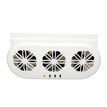 Solar Powered Car Mounted Ventilation Fan - White vehicle-mounted thermostat exhaust fan with USB port for air circulation and smoke removal