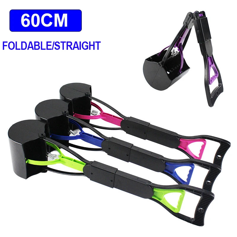 Long-handled pet pooper scooper in various colors, including black, pink, blue, and green. The scooper has an extended 60cm handle and a foldable/straight design for convenient cleaning of pet waste.